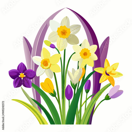 Spring bouquet featuring vibrant daffodils and tulips in a variety of colors.