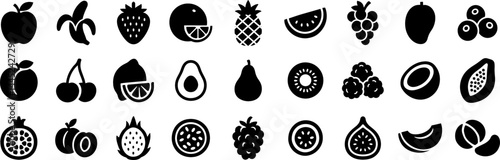 Food fruits glyph icon set. Vector pictograms of banana, strawberry, pineapple, watermelon, grapes, mango, blueberries, peach, cherry, lemon, avocado, pear, kiwi, black sign silhouette illustration.