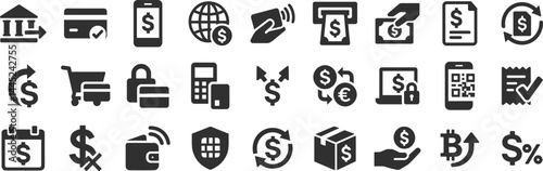 Financial transactions glyph icon set. Vector pictograms of terminal, secure, split, currency exchange, confirmation, scheduled, deposit, invoice, billing, black sign silhouette illustration.