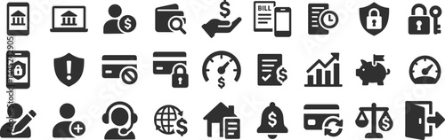 Online banking glyph icon set. Vector pictograms of transaction history, shield, application management, money transfer, bill, payment, savings, customer support, black sign silhouette illustration.