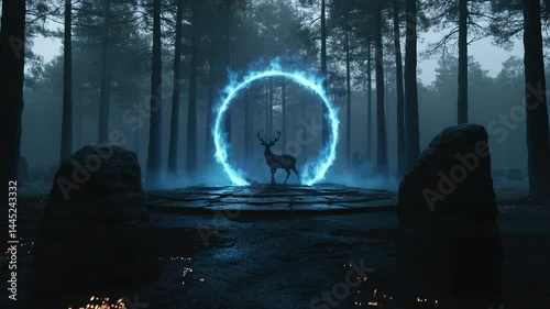 Silhouette of a deer standing within a glowing blue ring in a dark forest. Surrounding the deer are large stones and the forest is misty, creating an ethereal atmosphere.
