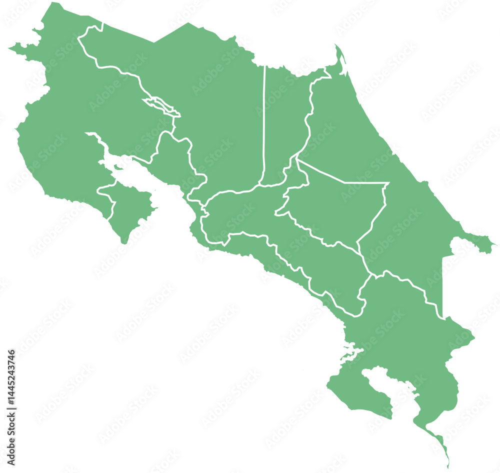 Fototapeta premium Vector map of Costa Rica showing all regions with clearly defined borders and country outline. Green color scheme with white contours. Perfect for educational, infographic, and professional use.