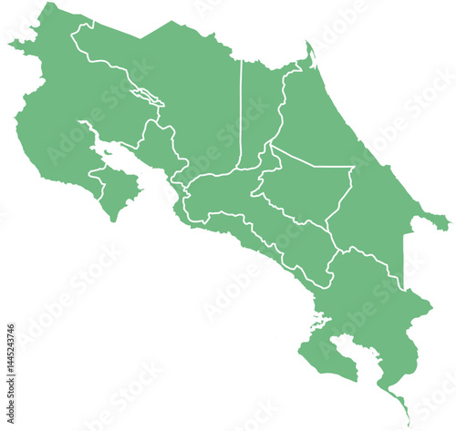 Vector map of Costa Rica showing all regions with clearly defined borders and country outline. Green color scheme with white contours. Perfect for educational, infographic, and professional use.