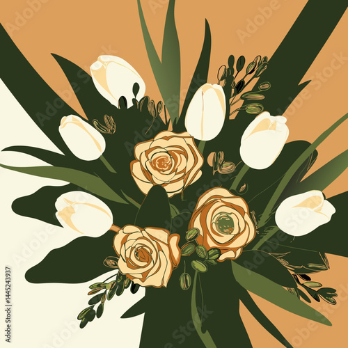 A bouquet of white flowers elegantly arranged against a dark background.
