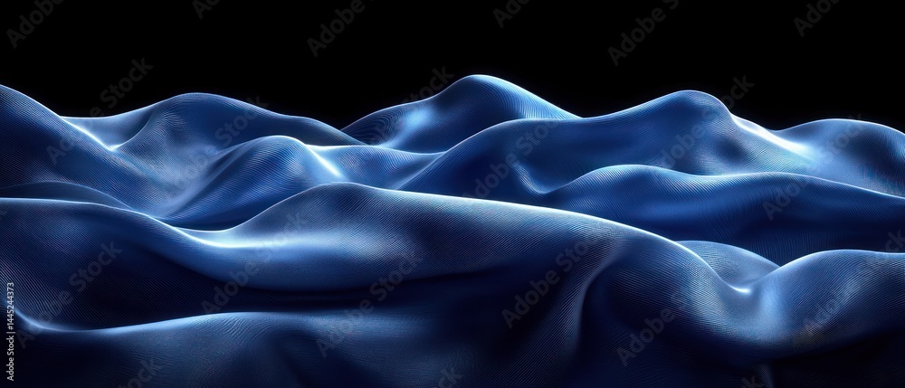 Obraz premium Deep blue fabric draped in soft, flowing waves against a black backdrop. The texture is smooth and luxurious