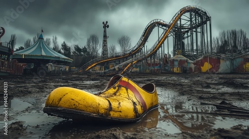 Abandoned Fun Giant Shoe in a Decaying Amusement Park.