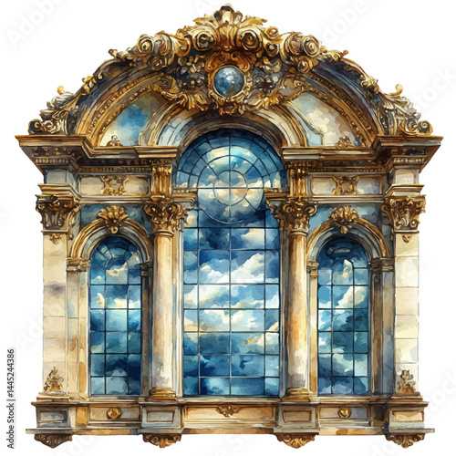 Baroque-style Mirror With Detailed Frame, watercolor vector, isolated on a white background.
