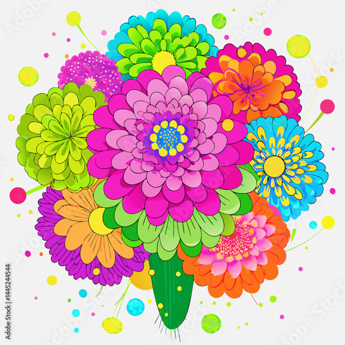 Colorful flowers arranged in a vase against a plain white background.