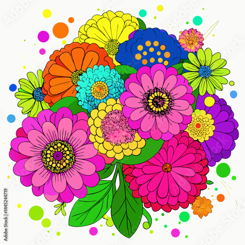Colorful flowers arranged in a vase against a plain white background.