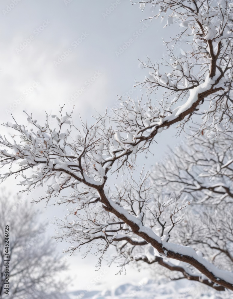 Snow-covered branches against a bright white sky, season, ice Snow-covered branches against a bright white sky, season, ice