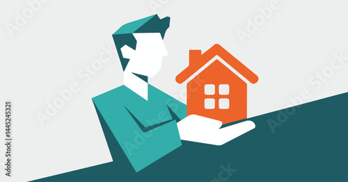 Real estate agent vector illustration holding a house model