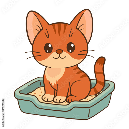 Cute ginger tabby kitten sitting comfortably in a litter box. Flat style Chibi cat clean, simple design. Perfect for children’s content, greeting cards, stickers, tshirts, mug and posters.