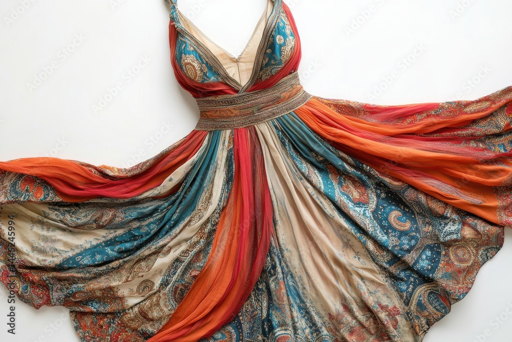 Obraz premium Bohemian paisley maxi dress vibrant autumnal colors flowing chiffon fabric elegant v neck perfect