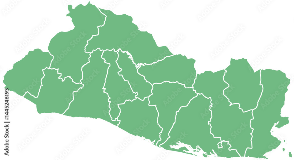Fototapeta premium Vector map of El Salvador showing all regions with clearly defined borders and country outline. Green color scheme with white contours. Perfect for educational, infographic, and professional use.