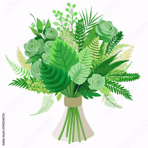 A bouquet featuring various green flowers and lush leaves arranged artistically.