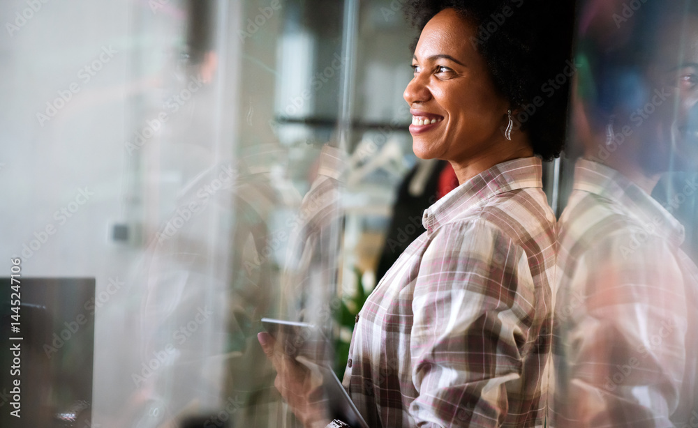African american woman with tablet, innovation in research and programming for future app technology
