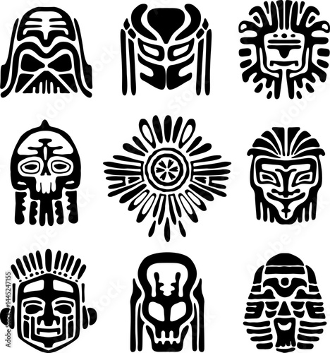 Tribal mask collection. Totem ancient decoration elements.