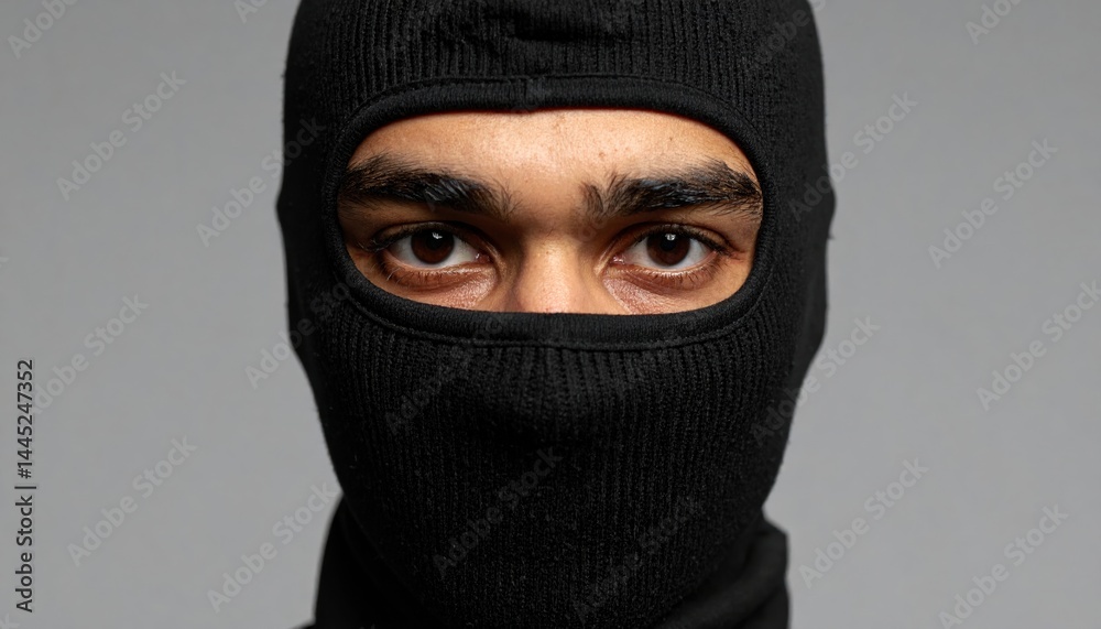 Young male with balaclava mask showing intense gaze