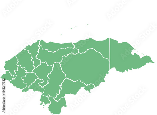 Vector map of Honduras showing all regions with clearly defined borders and country outline. Green color scheme with white contours. Perfect for educational, infographic, and professional use.