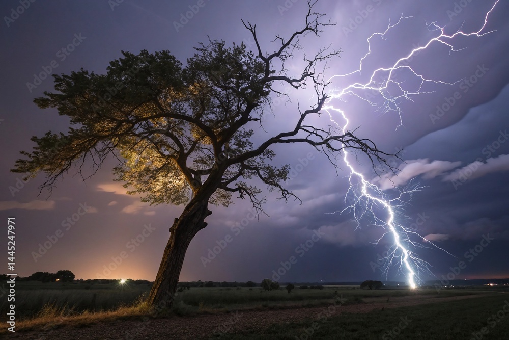 Fototapeta premium Majestic Lightning Strike Illuminates Lone Tree in Dramatic Nightscape