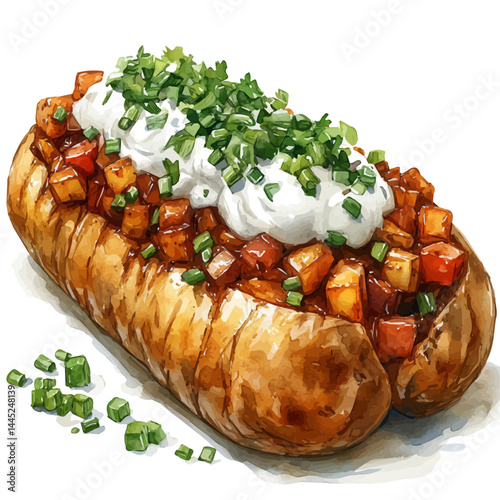 illustration of Baked Potato With Sour Cream And Chives, watercolor vector, isolated on a white background.