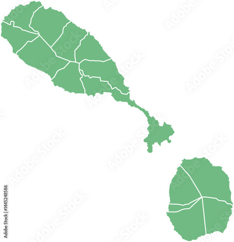 Vector map of Saint Kitts and Nevis with clearly defined island borders and country outline. Green color scheme with white contours. Perfect for educational, infographic, and professional use.