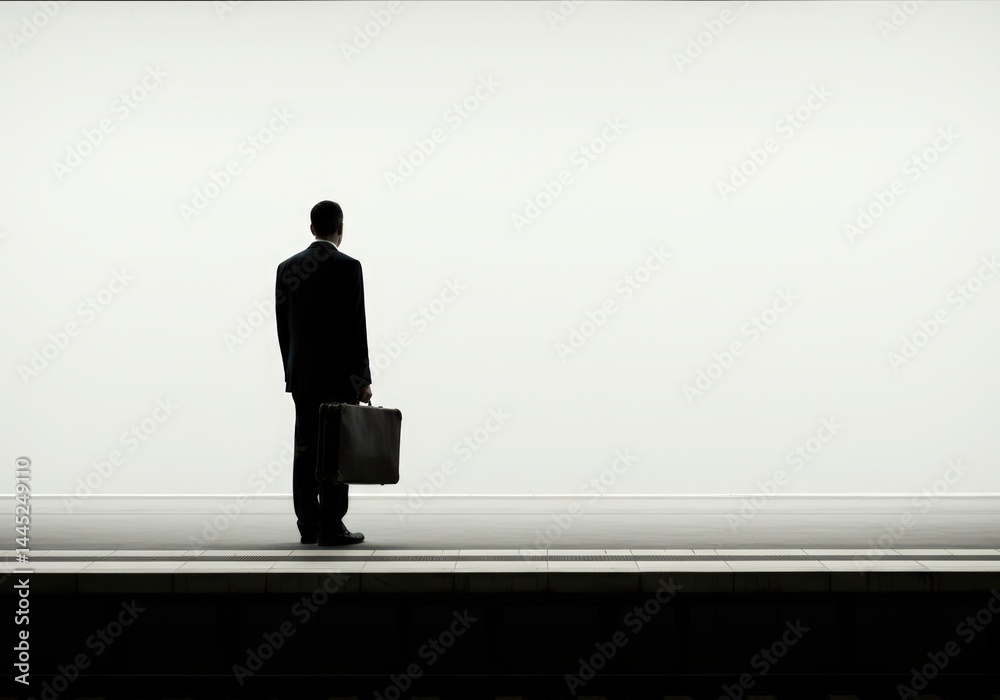 A man with a briefcase stands on a subway platform silhouetted against a bright background. Concept of travel, business trip, journey, adventure.