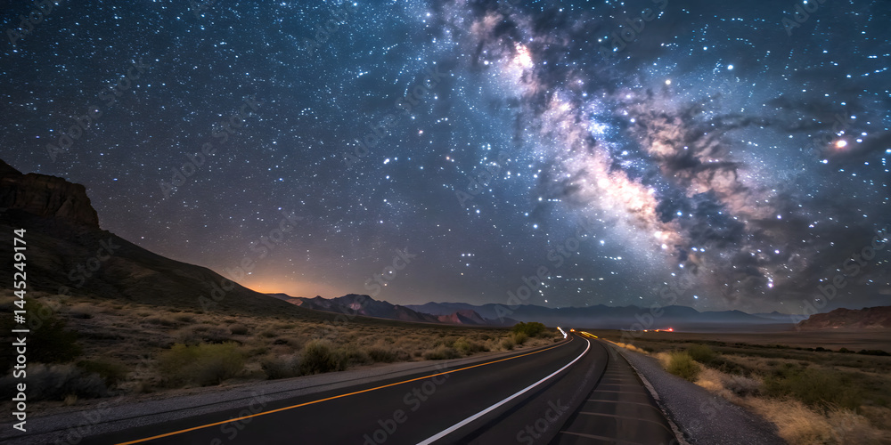 Naklejka premium Starlit road journey desert highway night sky photography cosmic landscape wide angle serenity of nature