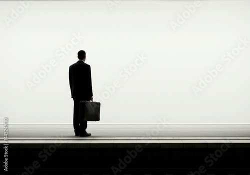 Obraz na płótnie A man with a briefcase stands on a subway platform silhouetted against a bright background. Concept of travel, business trip, journey, adventure. w salonie