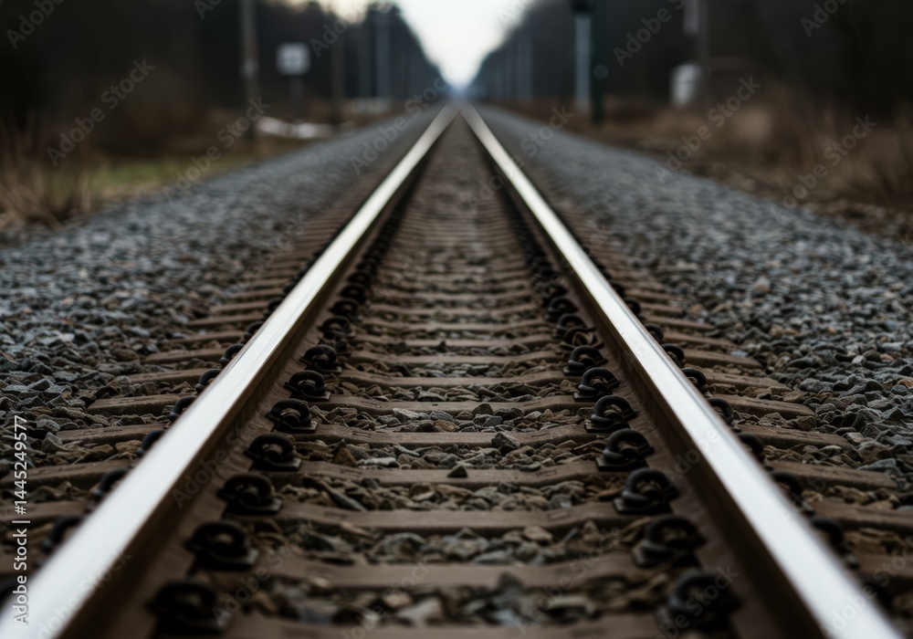 Closeup view of train tracks going towards the horizon, symbolizing travel, journey, and adventure into the distance.