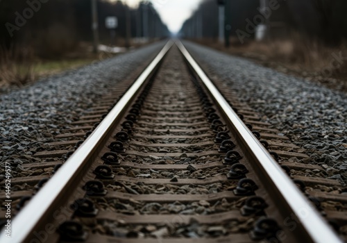 Obraz na płótnie Closeup view of train tracks going towards the horizon, symbolizing travel, journey, and adventure into the distance. w salonie