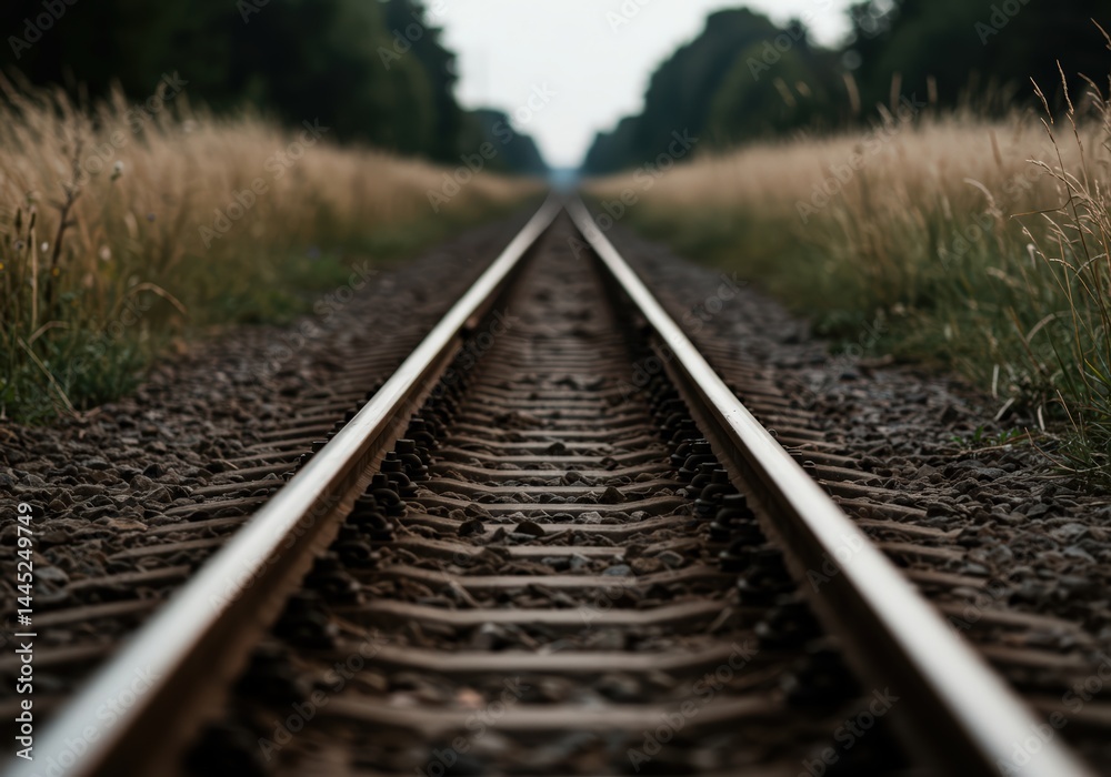 Empty railroad track extends through a rural landscape towards the horizon during the daytime, symbolizing journey and travel, connection and adventure, way forward and future.