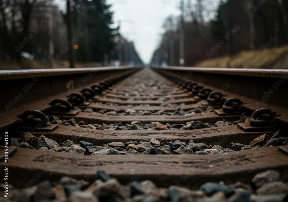 Railroad track close up view with gravel and wooden ties extending into the distance representing adventure and travel opportunities a journey concept
