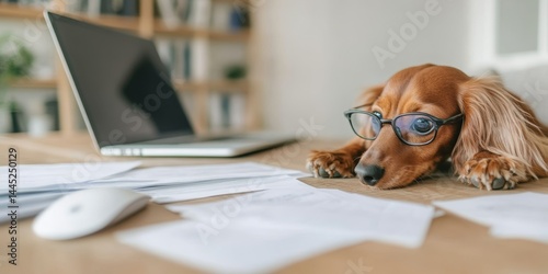 Adorable dachshund in reading glasses relaxing at office desk
