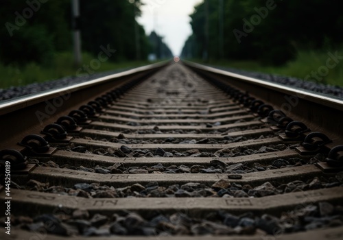 Railway track goes towards the horizon in the forest. Empty railroad line symbolizing travel, journey, solitude and adventure. Escape or progress concept.