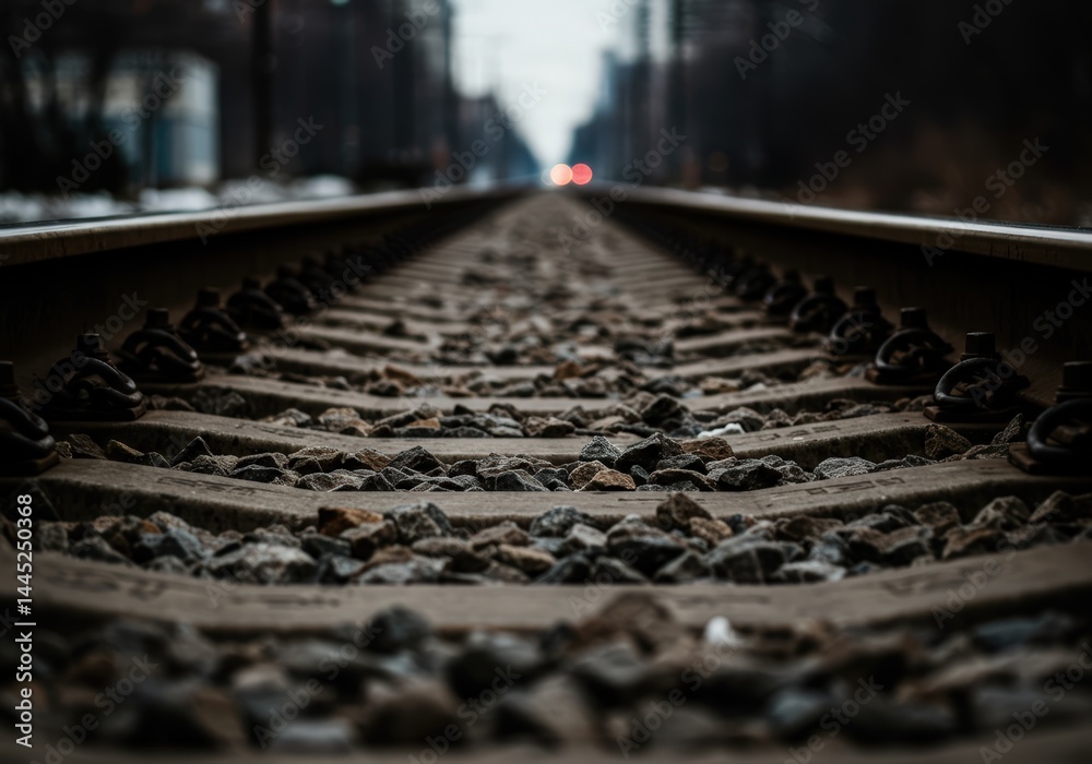 Detail view on railway tracks and gravel with red train lights in background. Railroad journey and adventure concept with transport infrastructure object.