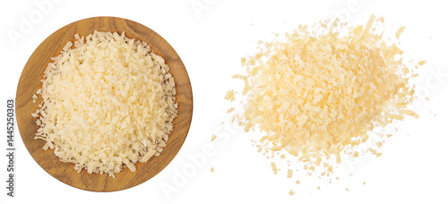 grated parmesan cheese in wooden bowl and scoop isolated on white background. Top view. Flat lay