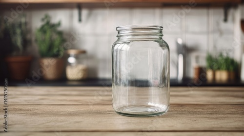 Empty Glass Jar on Wooden Table: High-Resolution Image