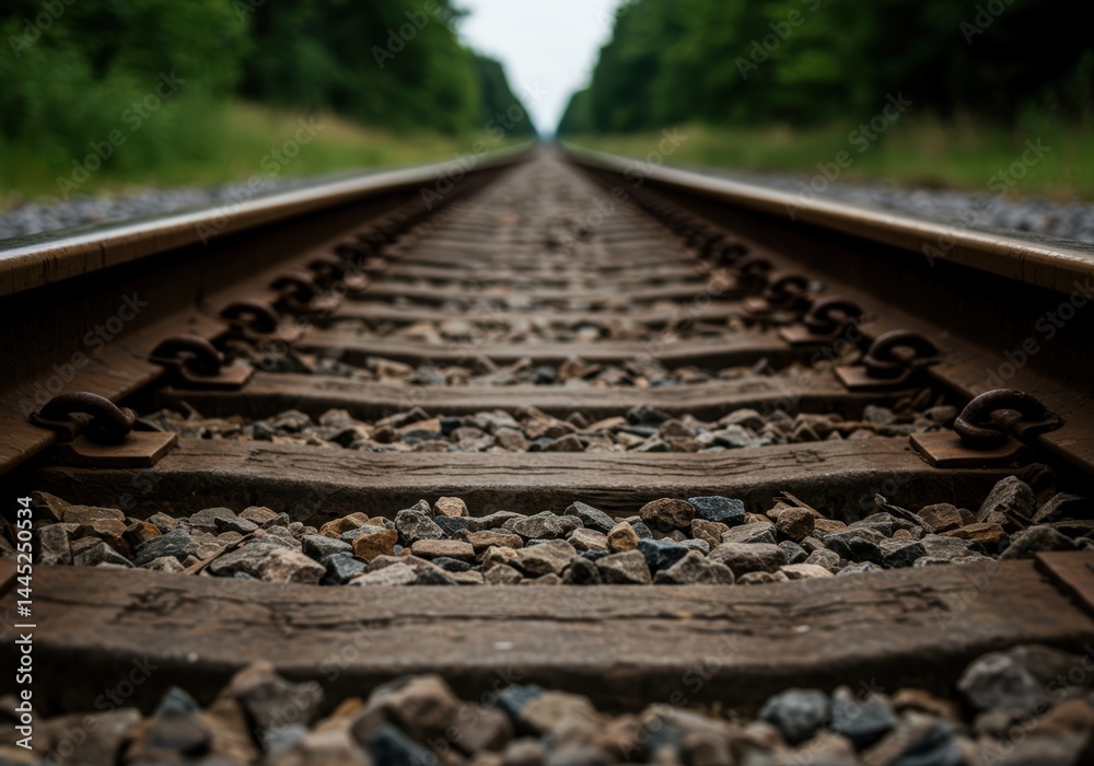 Railroad track infrastructure with gravel and wood ties, extending into the distance surrounded by lush green trees, representing travel, industry, journey, and adventure