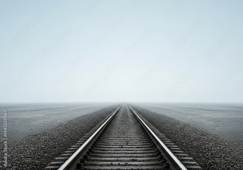 Rail line disappearing into the distance on a foggy day with open sky and gravel ground concept for adventure and travel journey