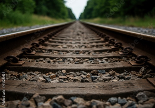 Obraz na płótnie Railroad track infrastructure with gravel and wood ties, extending into the distance surrounded by lush green trees, representing travel, industry, journey, and adventure w salonie