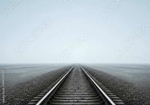 Obraz na płótnie Rail line disappearing into the distance on a foggy day with open sky and gravel ground concept for adventure and travel journey w salonie