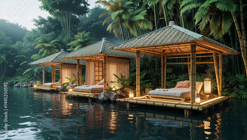 Fototapeta Naklejka Na Ścianę i Meble -  Serene tropical resort bamboo cabanas floating on tranquil lake waterscape