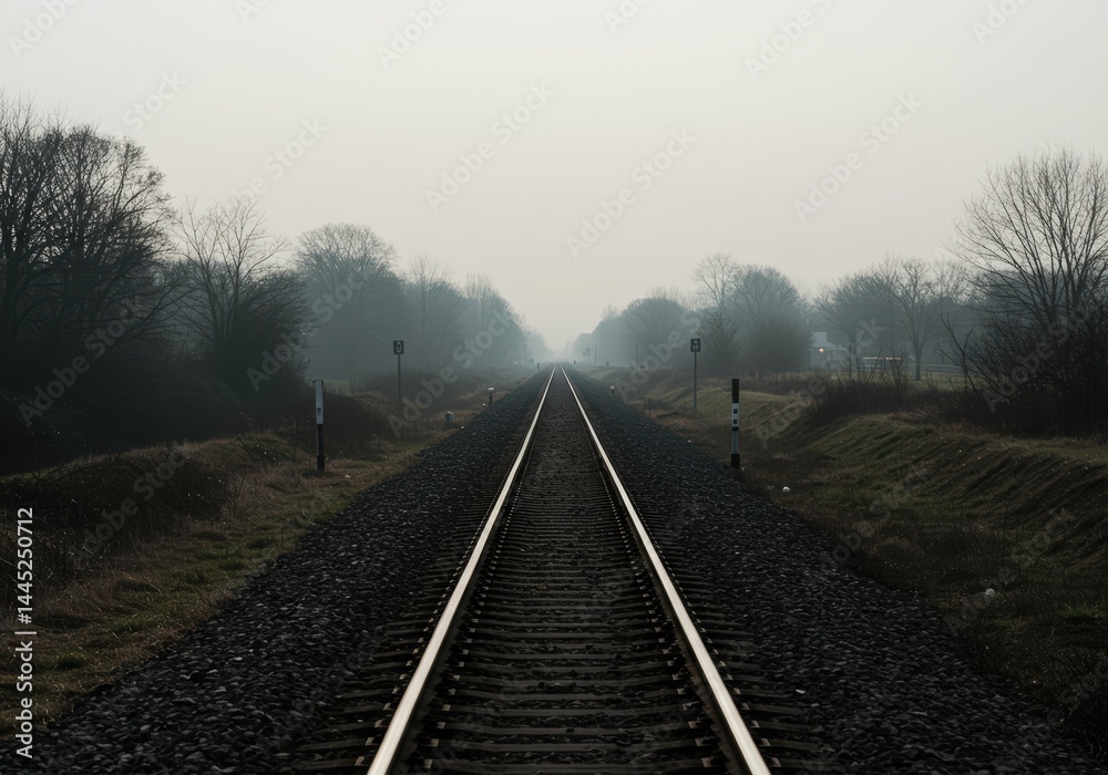 Railroad track disappearing into distance on a foggy day with bare trees and grass on a cloudy morning, concept of journey and adventure travel