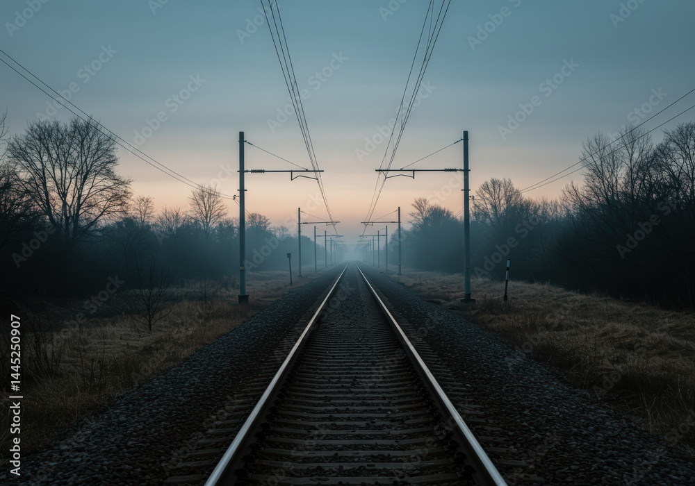 Railroad track stretching into foggy distance at dawn. Transportation infrastructure illustration. Adventure and journey concept print or travel industry brochure background.