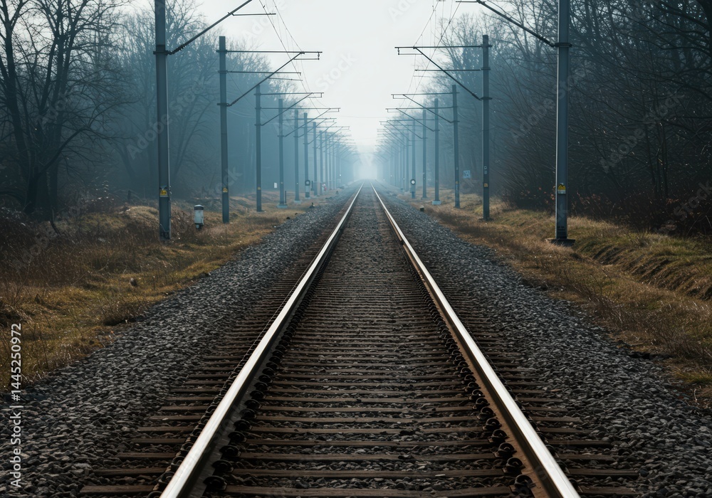Railway track leading into distance through fog. Empty railroad surrounded by trees. Concept of journey, travel, or adventure.