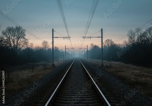 Obraz na płótnie Railroad track stretching into foggy distance at dawn. Transportation infrastructure illustration. Adventure and journey concept print or travel industry brochure background. w salonie