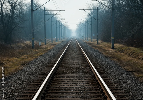Obraz na płótnie Railway track leading into distance through fog. Empty railroad surrounded by trees. Concept of journey, travel, or adventure. w salonie