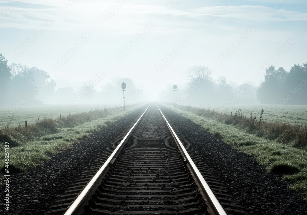 View down a railway track disappearing into misty fog near fields and trees on a cold morning for concepts of travel, adventure and lonely rural transport.