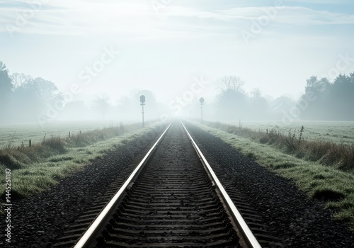 View down a railway track disappearing into misty fog near fields and trees on a cold morning for concepts of travel, adventure and lonely rural transport.